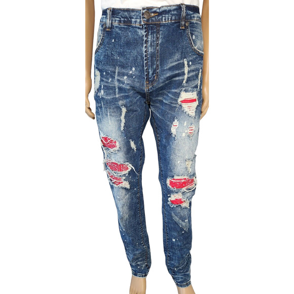 HERITAGE AMERICA 76 Blue Denim Distillery Distressed Destroyed Jeans Mens 38x34 - Picture 1 of 8